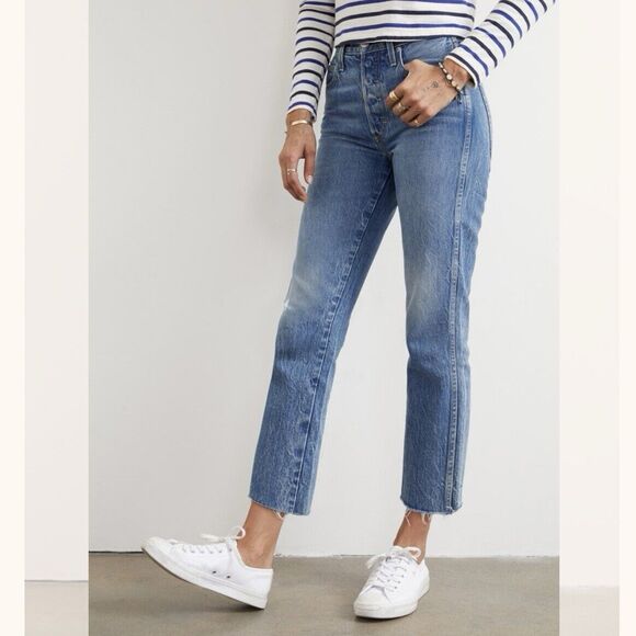 AMO Jeans Womens 31 High Rise Buttonfly Straight Leg Raw Hem Crop Denim Stargaze - Picture 3 of 15